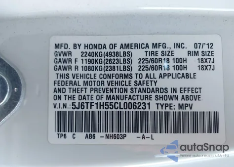 2012 Honda Crosstour Ex-L from USA, damaged, VIN 5J6TF1H55CL006231